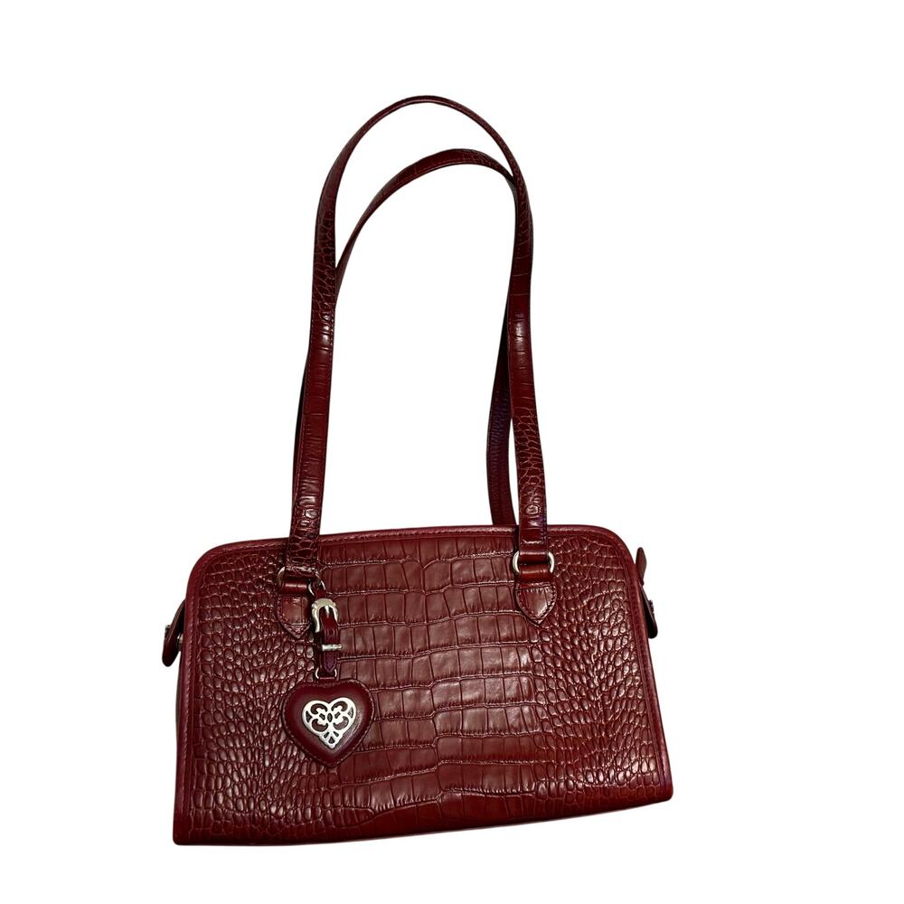 Brighton Red Croc Embossed Leather Shoulder Bag Satchel Purse Silver Heart Charm